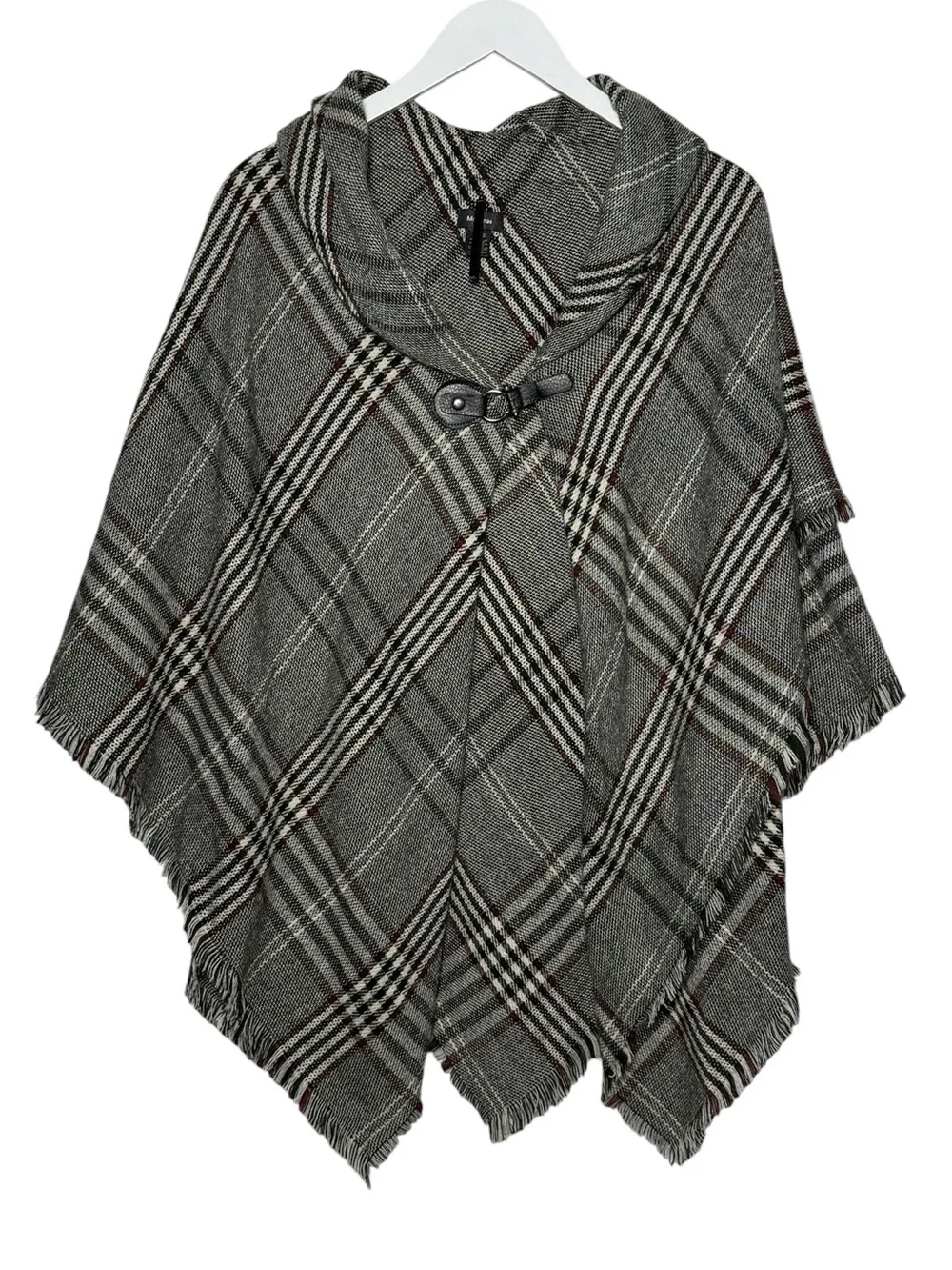 Modena Plaid Poncho Cape Shawl Fringe Cowl Neck Toggle Closure Gray One Size